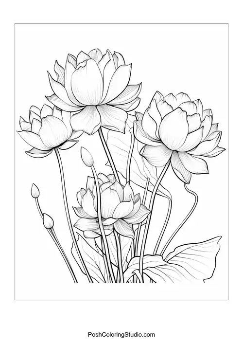 A cluster of lotus flowers with intricate petal designs.