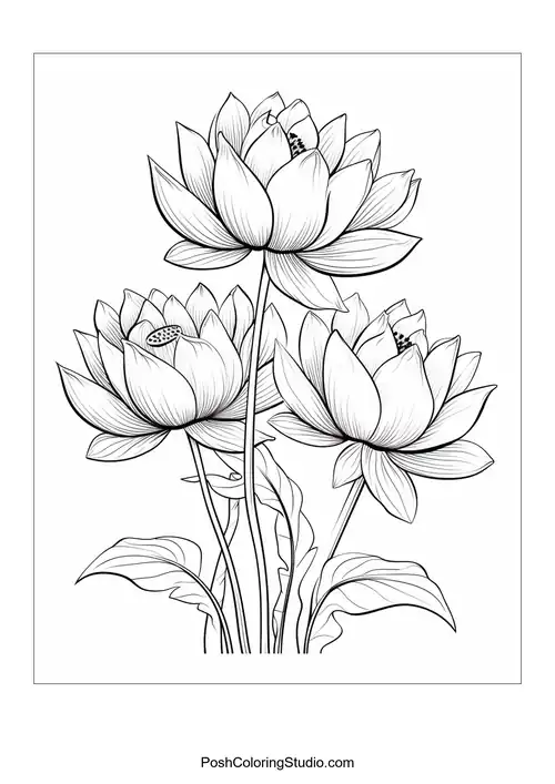 A group of lotus flowers with a prominent leaf in the background.
