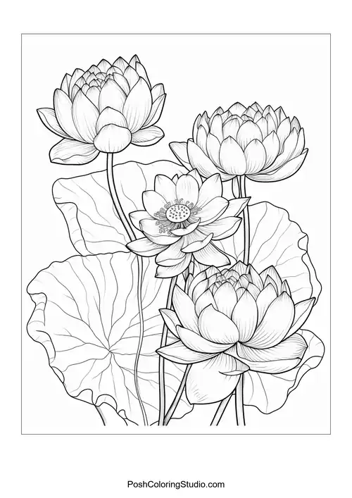 A cluster of lotus flowers with intricate petal designs.