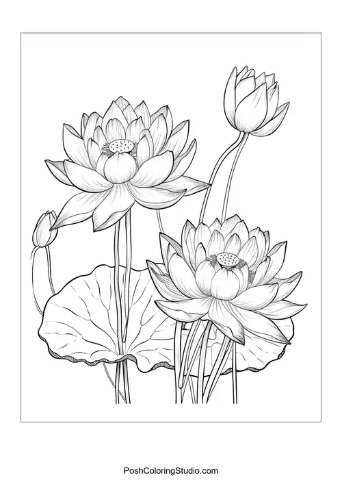 A group of lotus flowers with a prominent bud in the center.