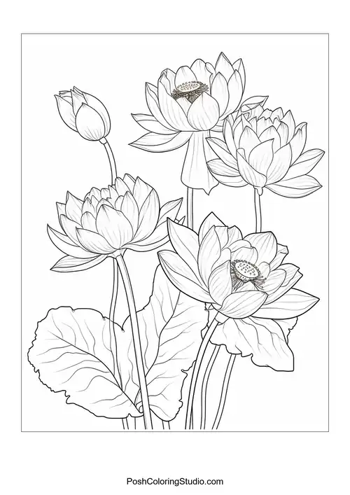 A cluster of lotus flowers with intricate petal designs.