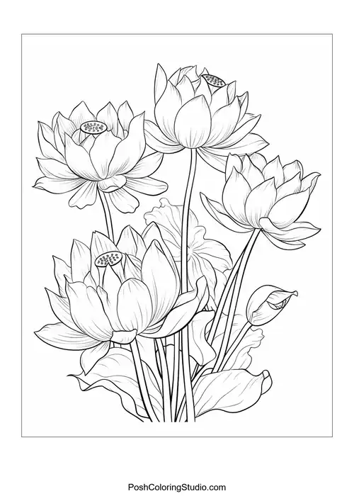 A group of lotus flowers with a prominent leaf in the background.