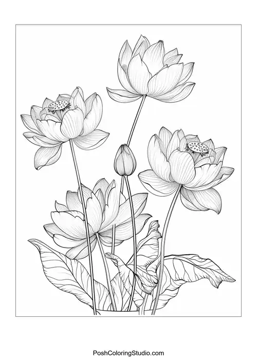 A group of lotus flowers with a prominent bud in the center.