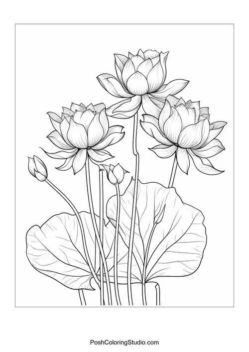 A cluster of lotus flowers with intricate petal designs.