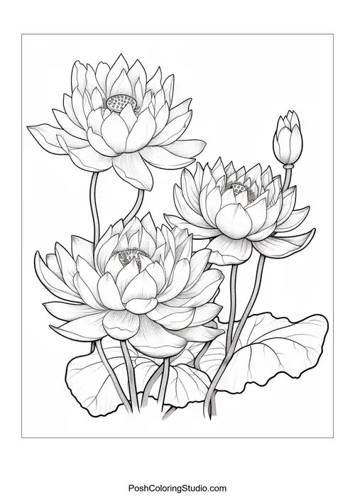 A cluster of lotus flowers with intricate petal designs.