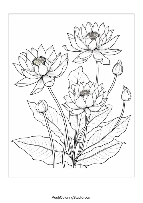 A group of lotus flowers with a prominent bud in the center.