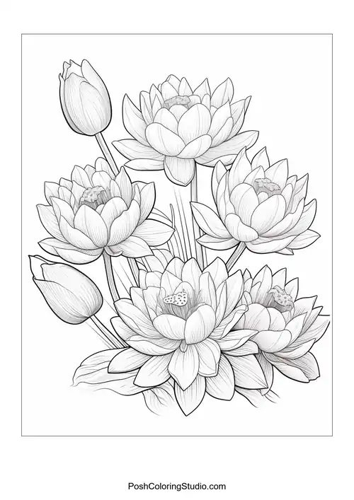 A cluster of lotus flowers with detailed petal outlines.