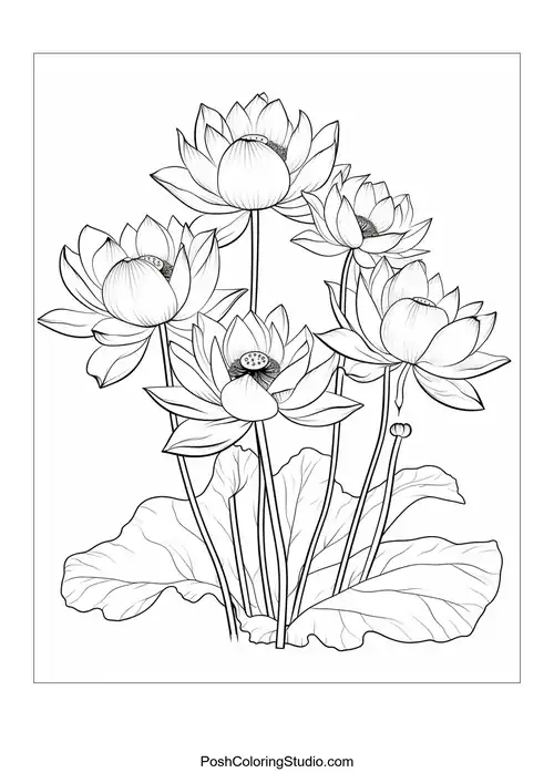 A group of lotus flowers with layered petals and leaves.