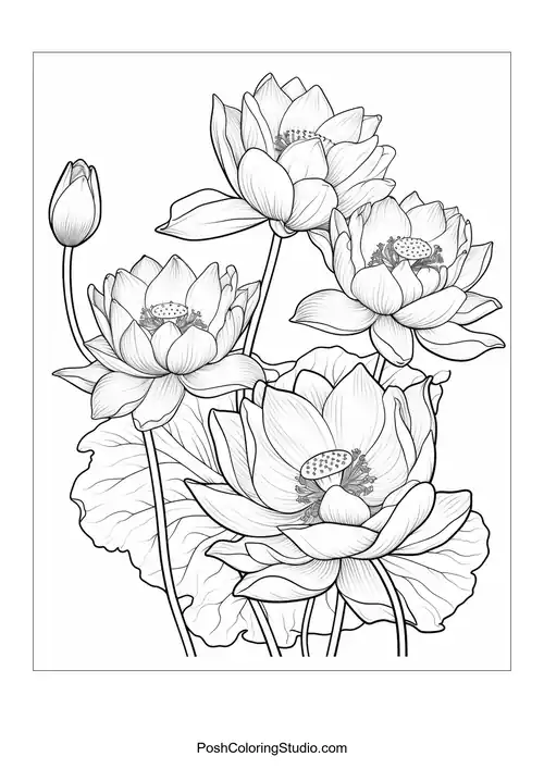 A cluster of lotus flowers with intricate petal designs.