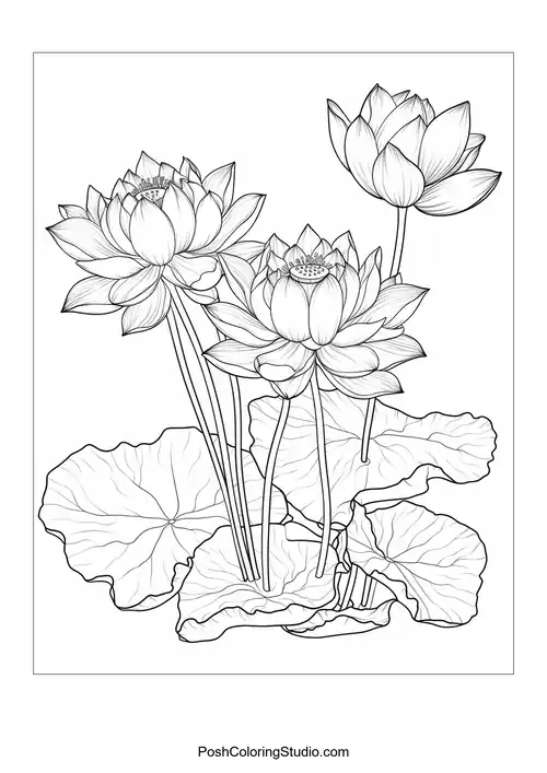 A group of lotus flowers with distinct petal shapes.