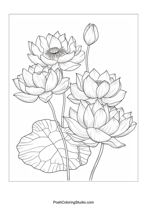 A large lotus flower surrounded by smaller blooms.