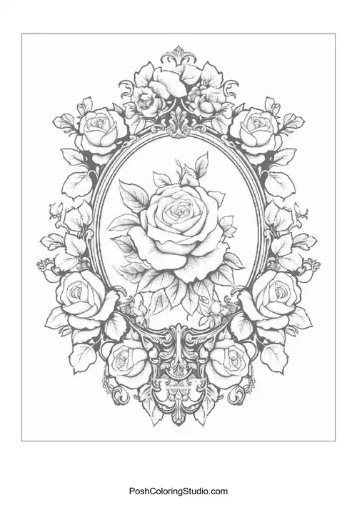 A decorative frame filled with roses and flowers.