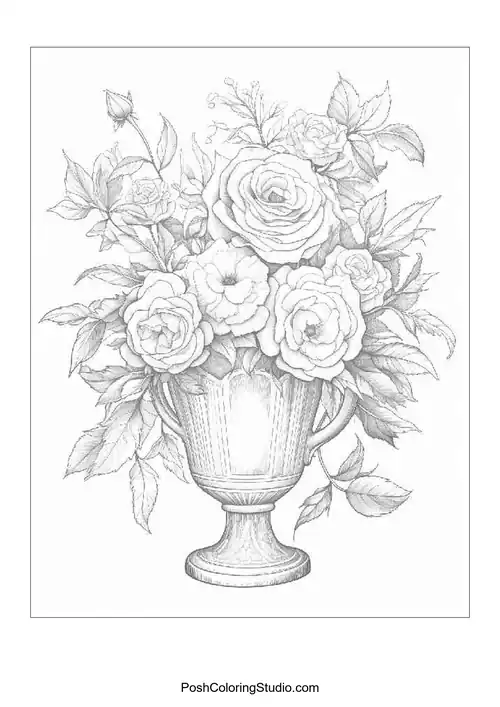 A basket overflowing with roses and fruits.