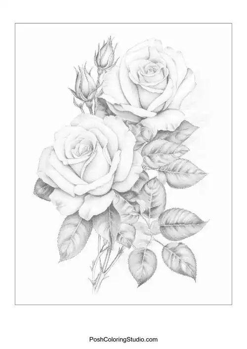 A basket filled with roses and leaves.