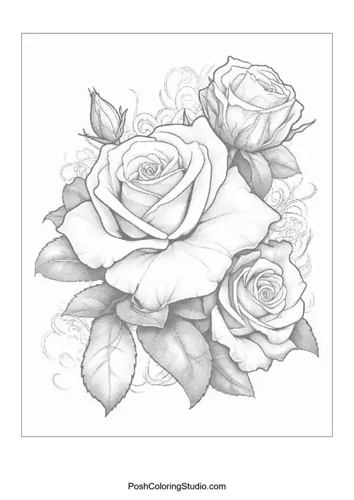 A vase filled with roses and leaves.