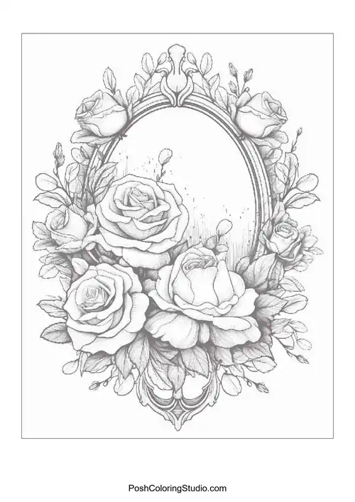 A decorative frame surrounded by blooming roses and leaves.