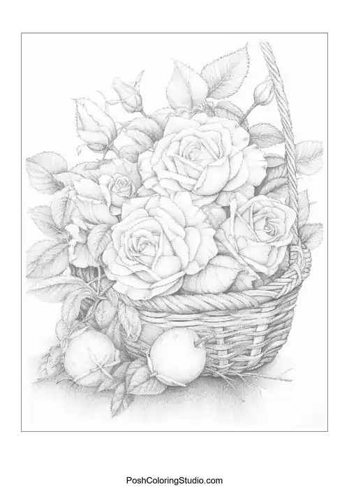 A basket filled with roses and leaves.