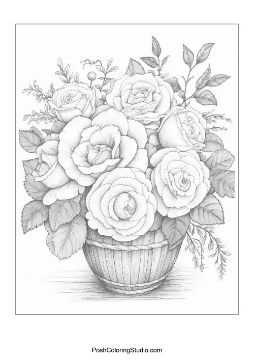 A vase filled with roses and leaves.