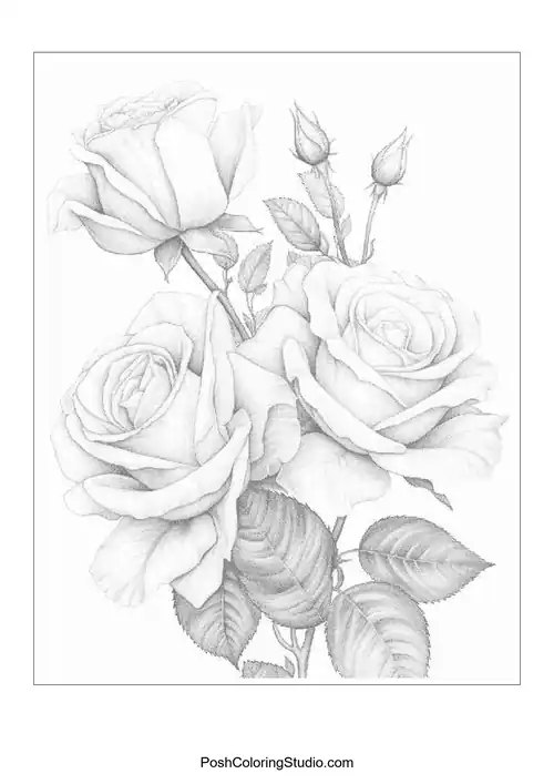 A decorative frame filled with roses and flowers.