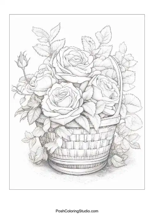 A basket filled with three large roses and leaves.