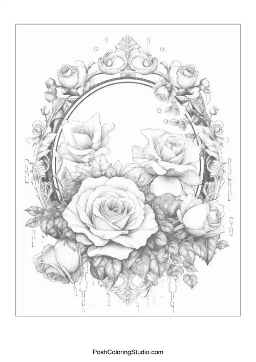 An ornate frame surrounded by roses and leaves.