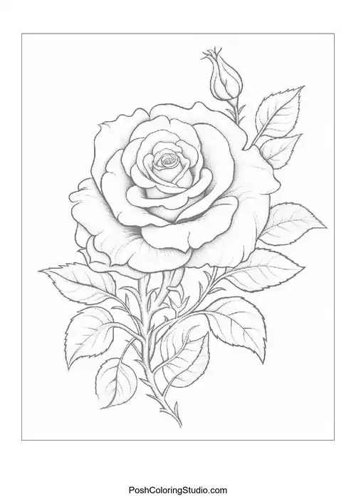 A single detailed rose with leaves and a budding flower.