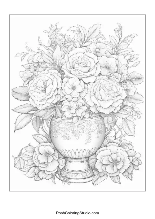 A vase filled with various flowers including roses and peonies.