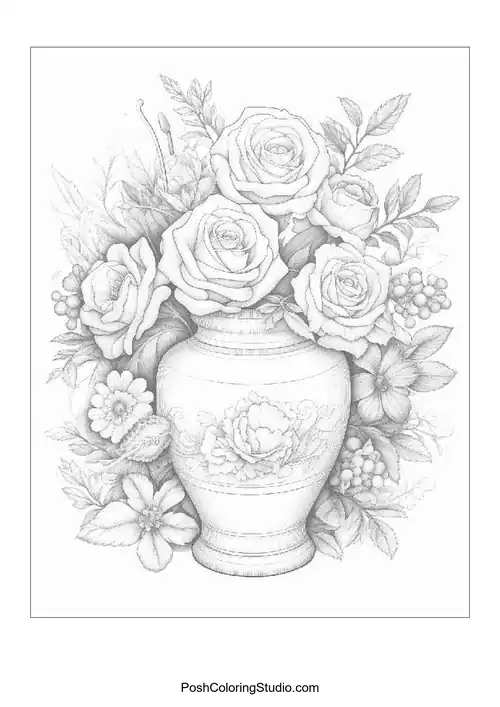 A vase filled with roses and various flowers.