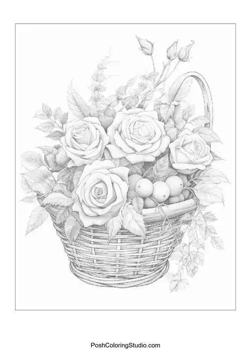 A basket overflowing with roses and leaves.