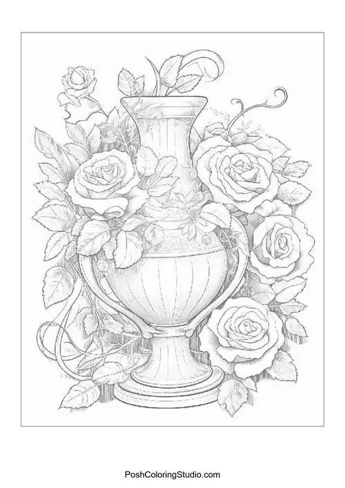 An elegant vase surrounded by roses and foliage.