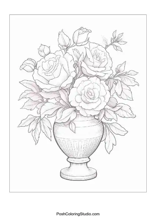 A round vase filled with roses and leaves.
