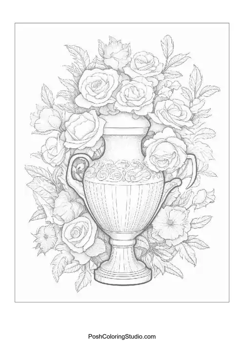A large vase surrounded by blooming roses.