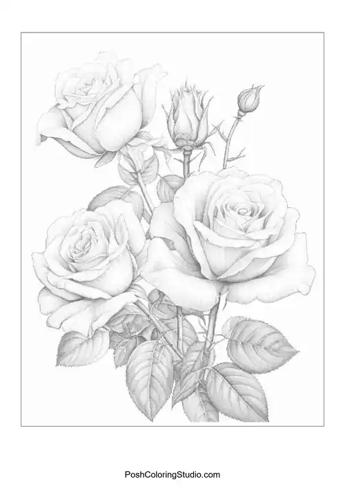 A cluster of roses with leaves and a budding flower.