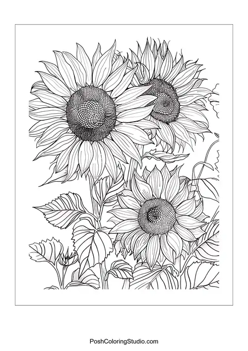 A cluster of sunflowers with a variety of sizes.