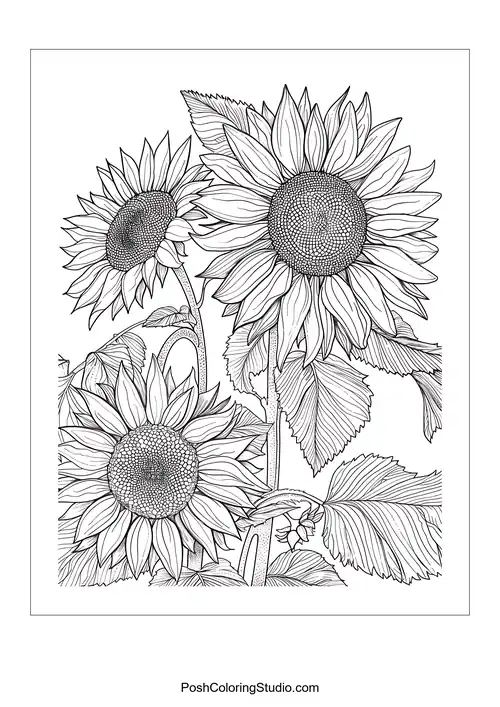 A group of sunflowers with detailed leaves.