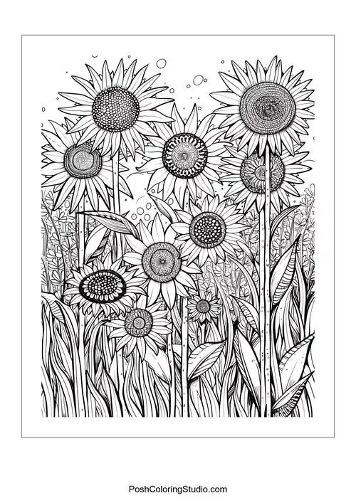 A field of sunflowers with a scenic backdrop.