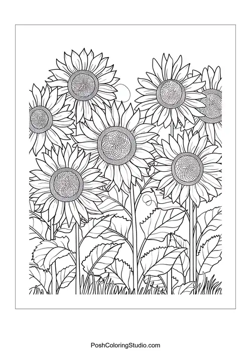 A cluster of sunflowers with detailed textures.