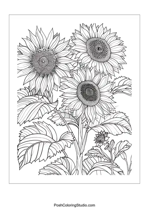 A detailed arrangement of sunflowers and leaves.