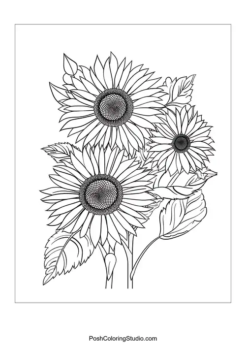 Three sunflowers with varying petal arrangements.