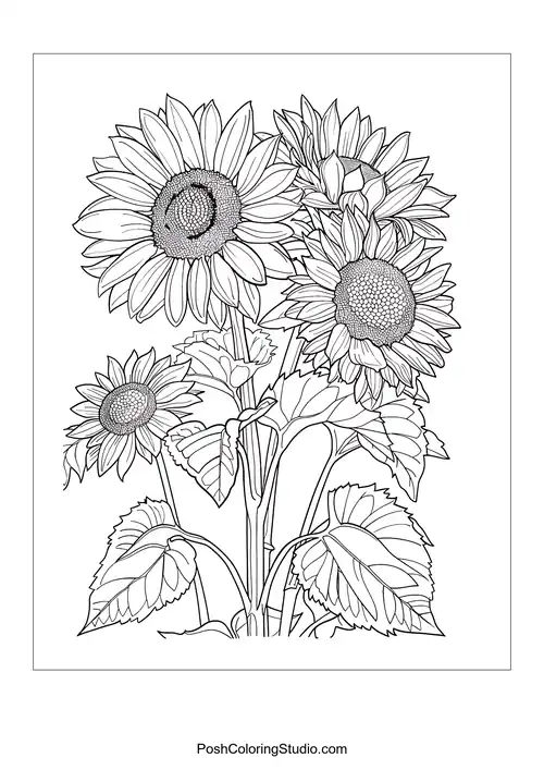 A group of sunflowers with varying heights.