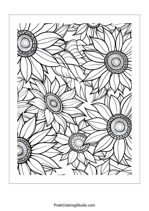 A cluster of sunflowers with intricate petal details.