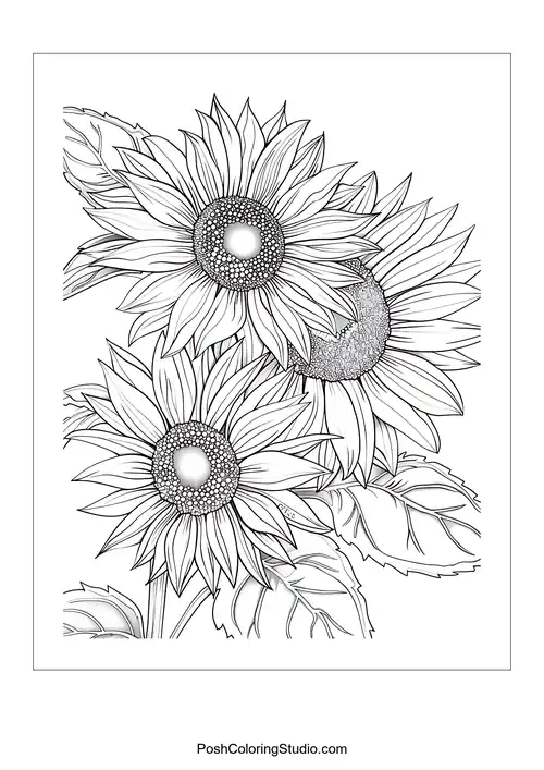 Three sunflowers with textured centers and large leaves.