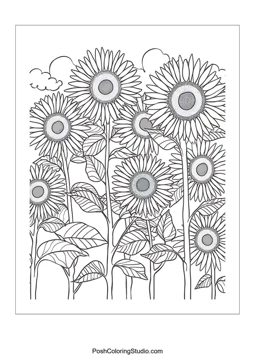 Tall sunflowers standing in a row with clouds above.