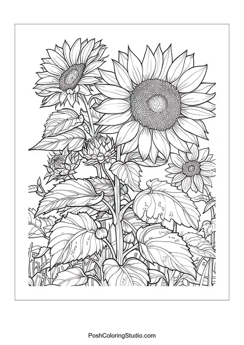 Sunflowers with detailed leaves and varying heights.