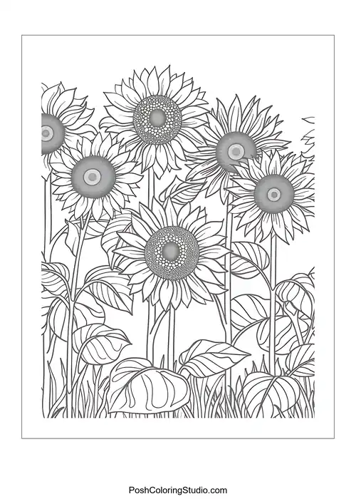 A group of sunflowers with circular centers and leaves.