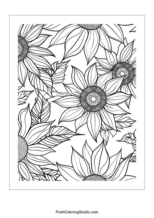 A cluster of sunflowers with swirling petal designs.