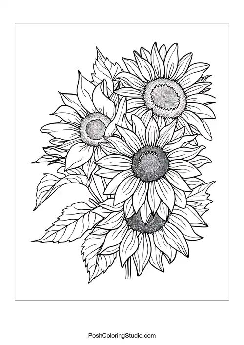 Three sunflowers with distinct circular centers and leaves.