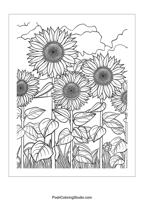 A field of sunflowers with a scenic background.