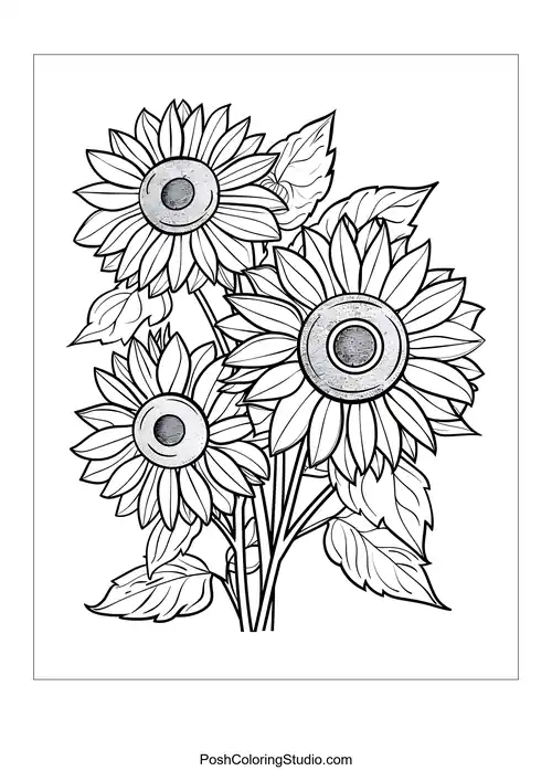 A bouquet of sunflowers with detailed petal outlines.