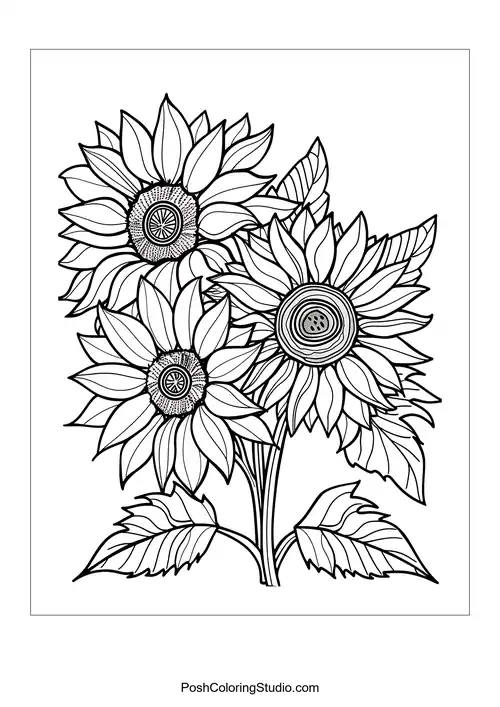 Four sunflowers with detailed centers and leaves.